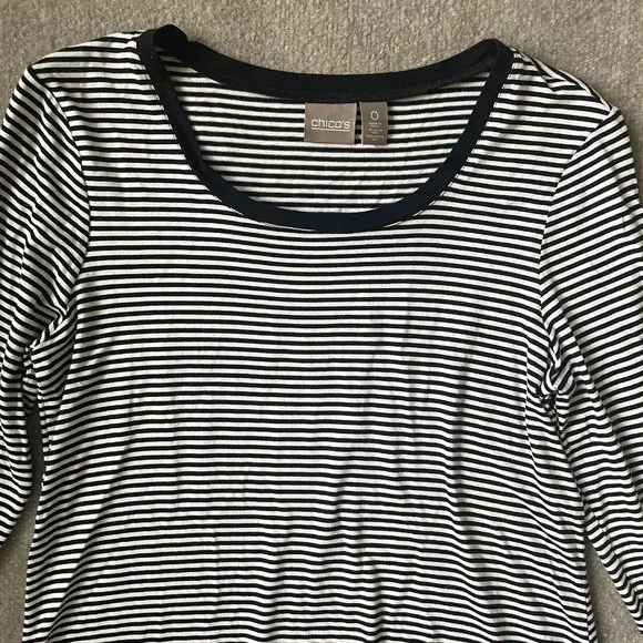 Chico's Shirt Womens 0 (Small) Black White Striped Tunic Handkerchief Hem Casual - Picture 2 of 7